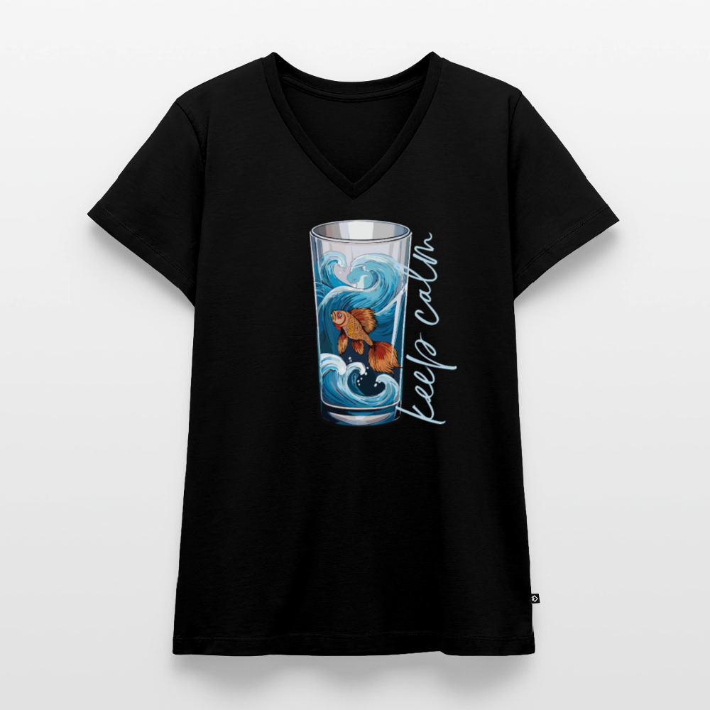 Frauen Bio-T-Shirt mit V-Ausschnitt mit KEEP CALM PRINT - Schwarz