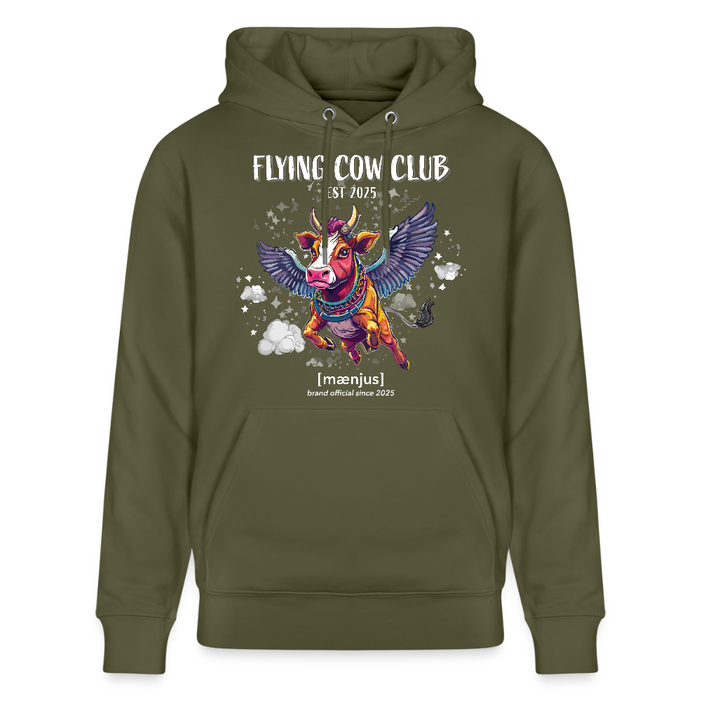 Unisex Bio-Hoodie mit FLYING COW CLUB PRINT Vorderseite - Khaki Grün