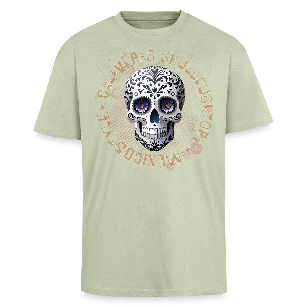 Heavy Oversize T-Shirt mit CALAVERAS SKULL PRINT Vorderseite - Leichtes Salbeigrün 