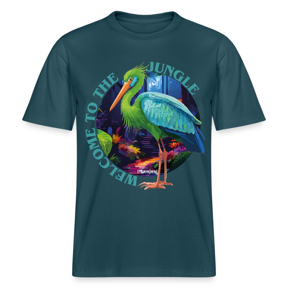 Relaxed Fit Unisex Bio-T-Shirt mit WELCOME TO THE JUNGLE PRINT Vorderseite - Dunkles Petrol