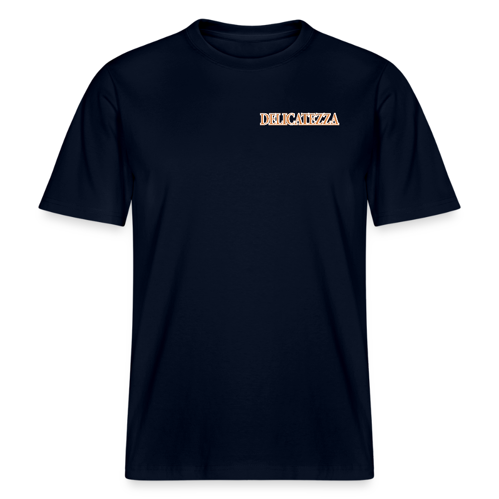Relaxed Fit Unisex Bio-T-Shirt mit DELICATEZZA SARDINE PRINT Vorder- und Rückseite - Navy