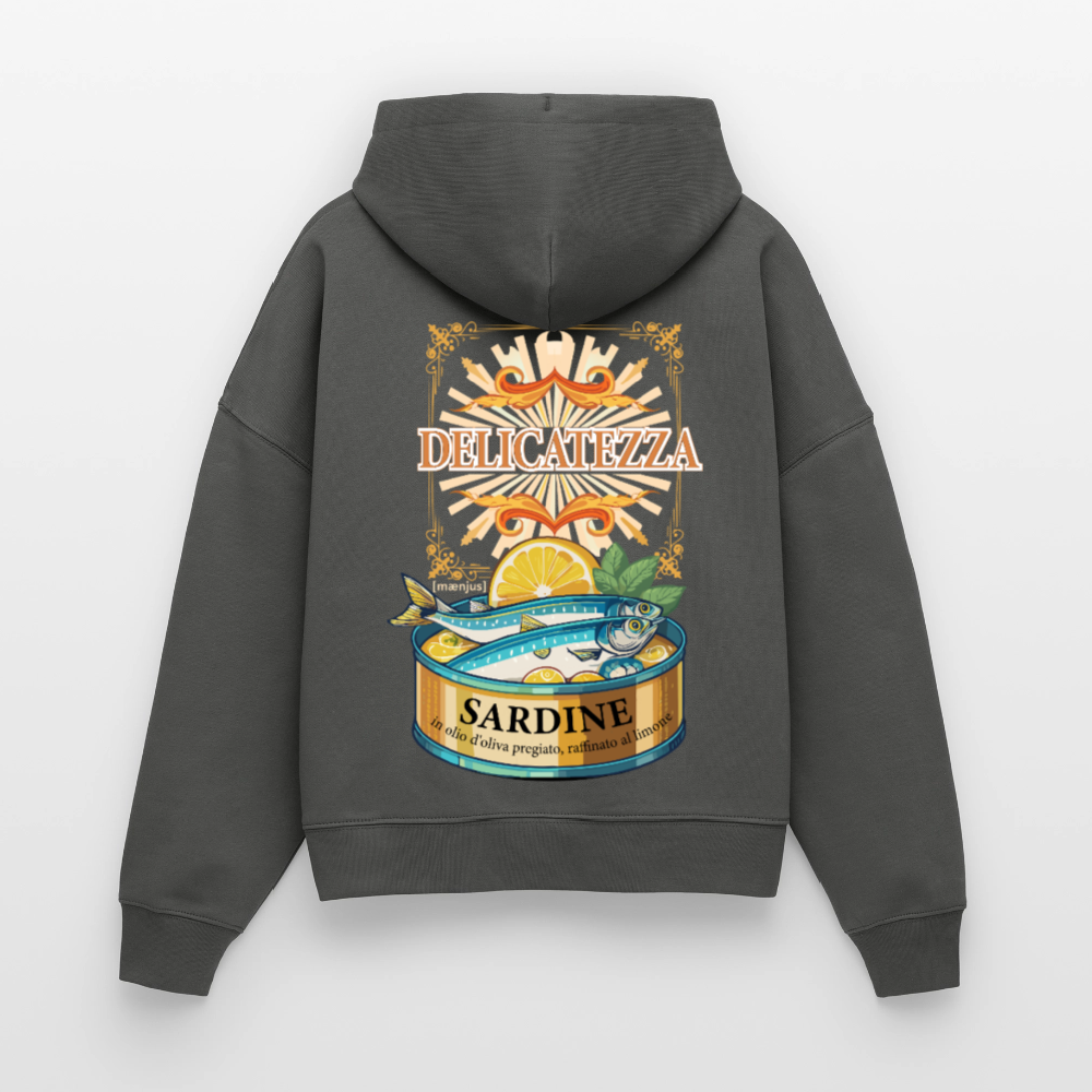 Boxy Frauen Bio Hoodie mit DELIKATEZZA SARDINE PRINT Vorder- und RÜCKSEITE - Anthrazit