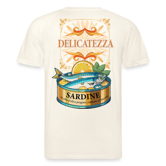 Unisex Bio-T-Shirt mit DELICATEZZA SARDINE PRINT Vorder- und Rückseite - Naturweiß 