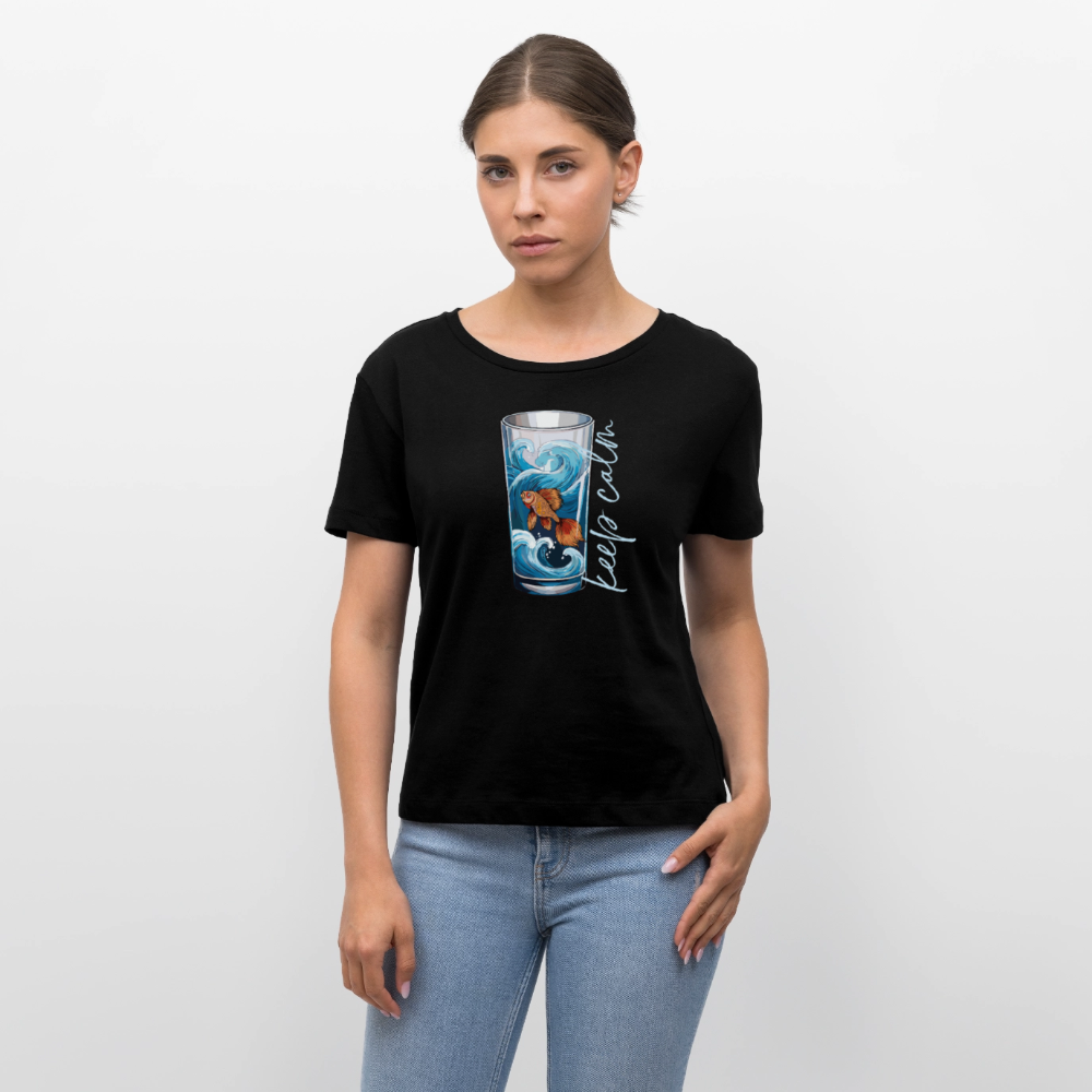 Relaxed Rundhals Frauen Bio-T-Shirt mit KEEP CALM PRINT - Schwarz