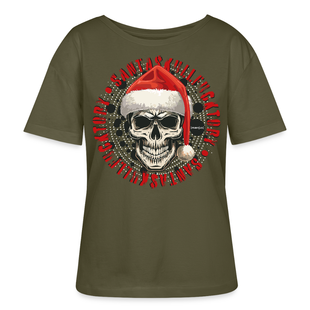 Rundhals Frauen Bio-T-Shirt mit SANTASKULL FUCKTORY PRINT - Khaki