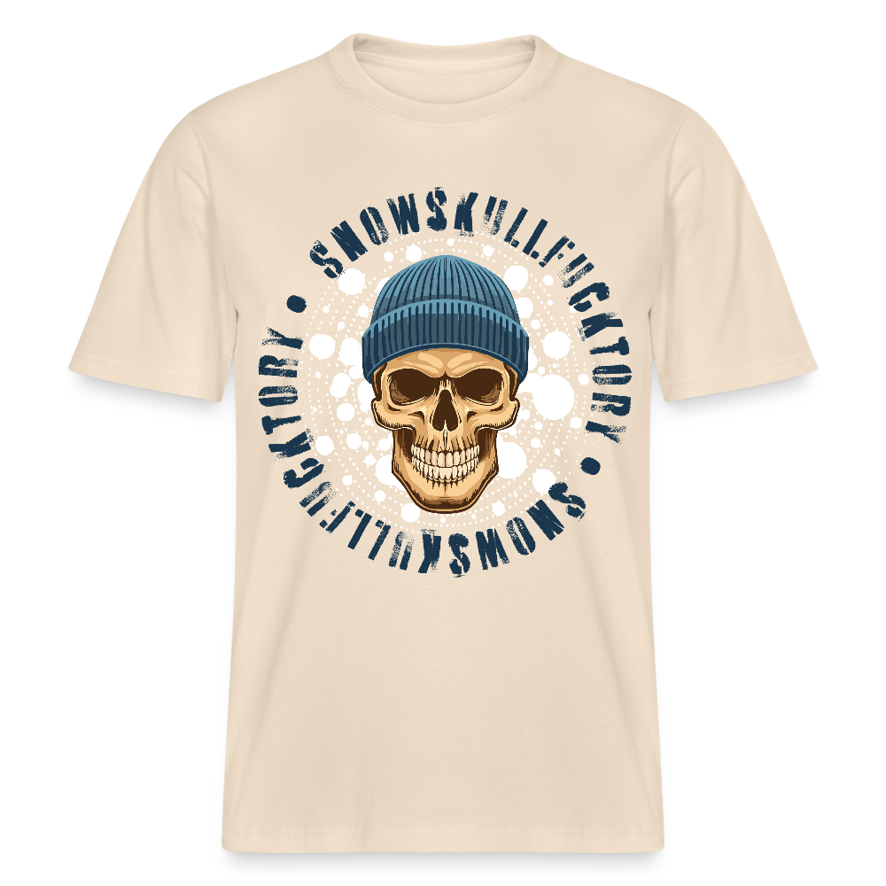 Relaxed Fit Unisex Bio-T-Shirt mit SNOWSKULL FUCKTORY PRINT Vorderseite - Weißgrau