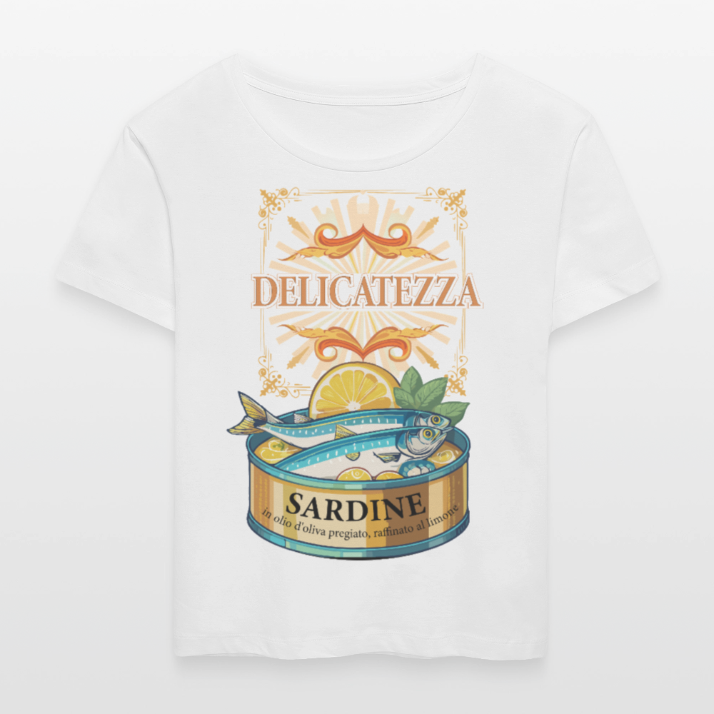 Rundhals Frauen Bio-T-Shirt mit DELICATEZZA SARDINE PRINT Vorderseite - Weiß