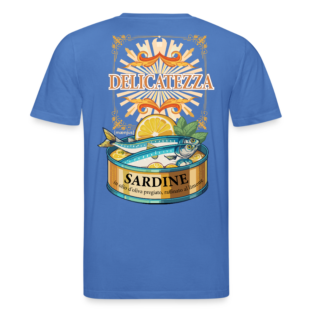 Unisex Bio-T-Shirt mit DELICATEZZA SARDINE PRINT Vorder- und Rückseite - Achtsames Blau