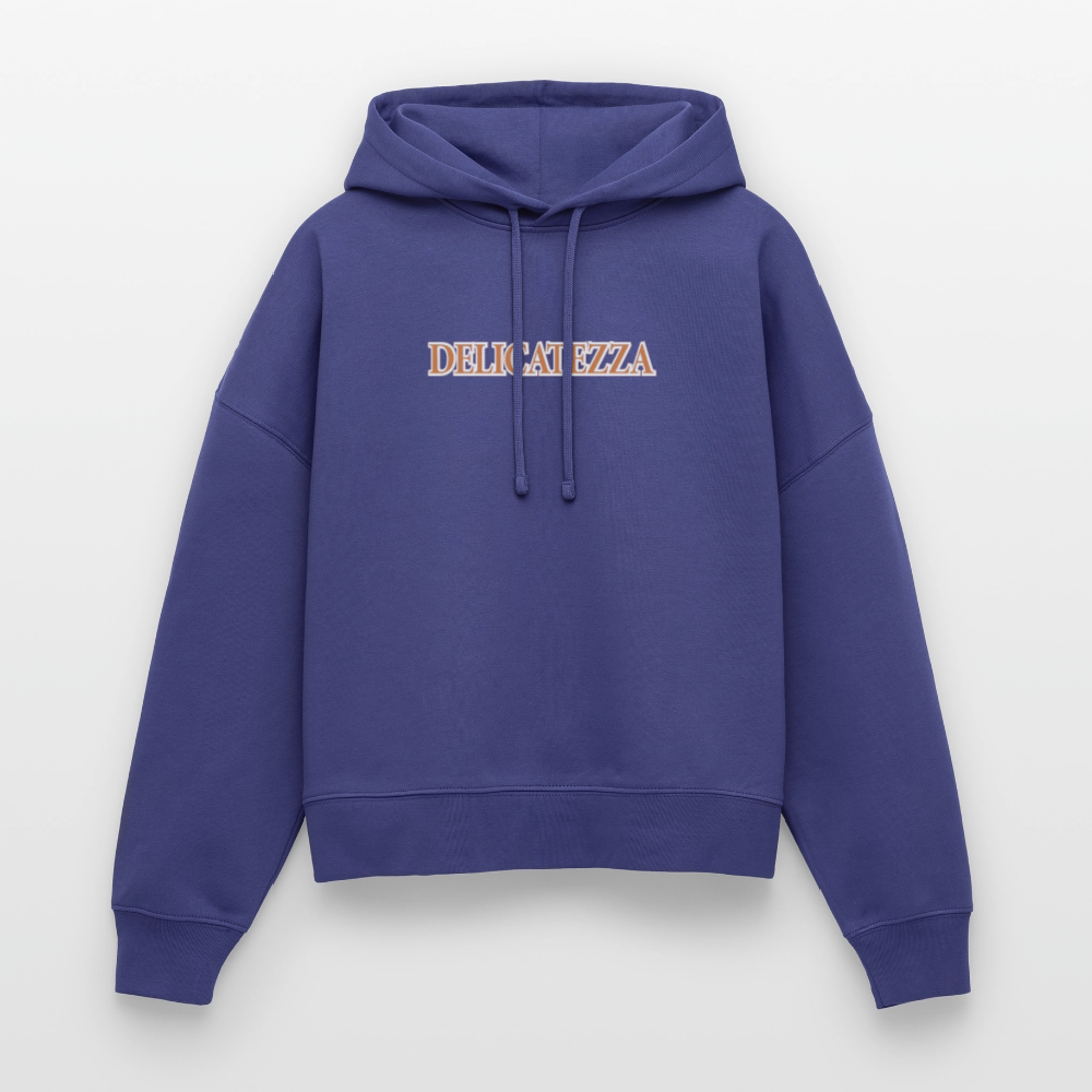 Boxy Frauen Bio Hoodie mit DELIKATEZZA SARDINE PRINT Vorder- und RÜCKSEITE - Dämmerung