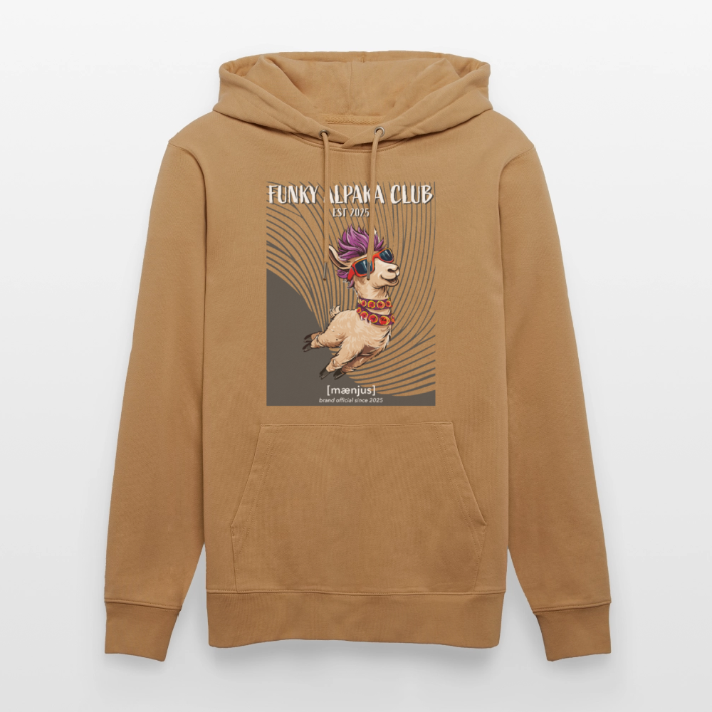 Unisex Bio-Hoodie mit FUNKY ALPAKA CLUB PRINT Vorderseite - Karamell 