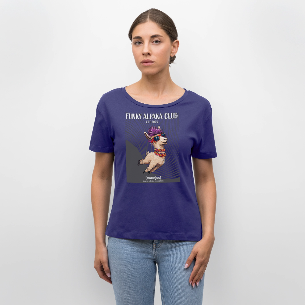 Relaxed Rundhals Frauen Bio-T-Shirt mit FUNKY ALPAKA CLUB PRINT - Dämmerung