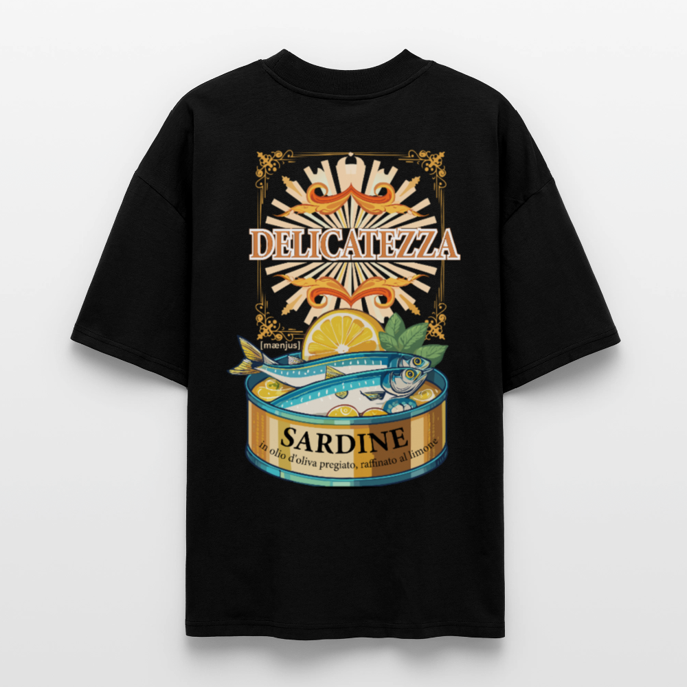 Oversized Unisex T-Shirt mit DELICATEZZA SARDINE PRINT Vorder- und Rückseite - Schwarz