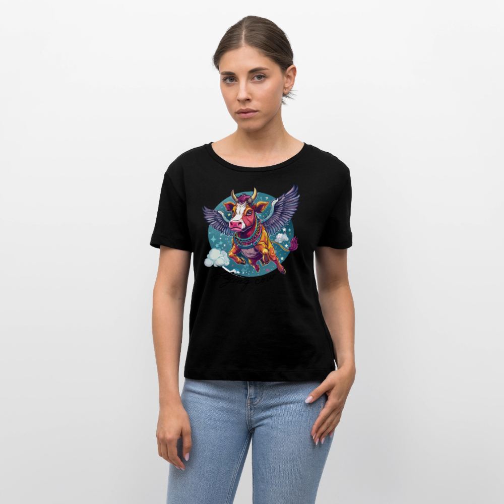Frauen T-Shirt mit FLYING COW PRINT - Schwarz