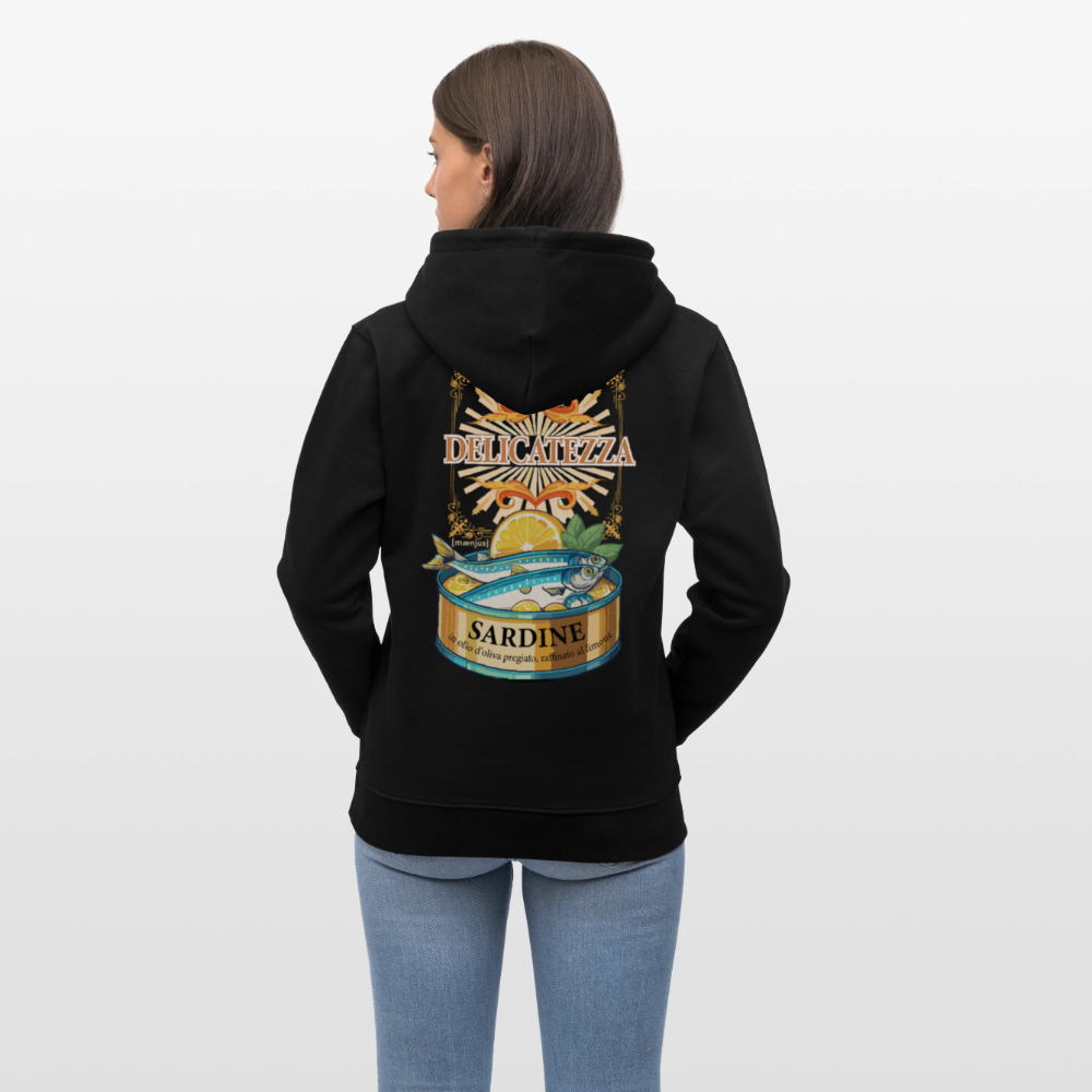Unisex Hoodie mit DELICATEZZA SARDINE PRINT Vorder- und Rückseite - Schwarz