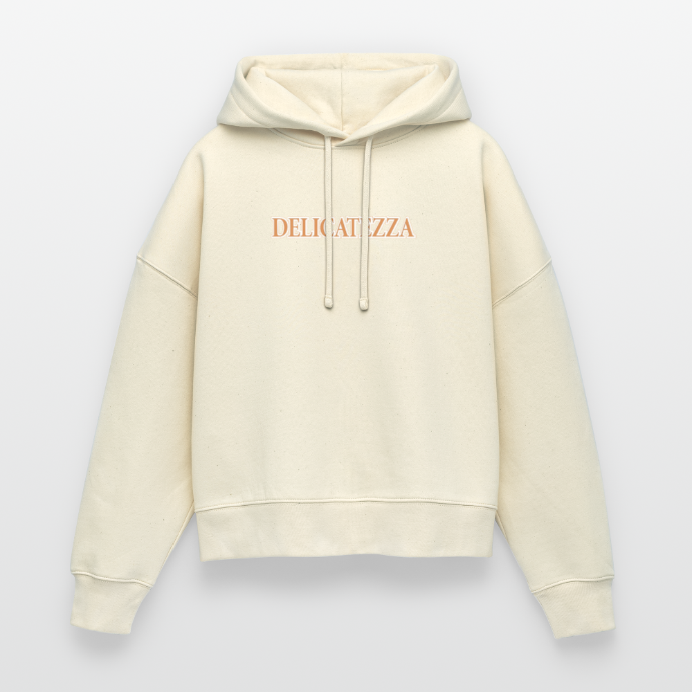 Boxy Frauen Bio Hoodie mit DELIKATEZZA SARDINE PRINT Vorder- und RÜCKSEITE - Weißgrau