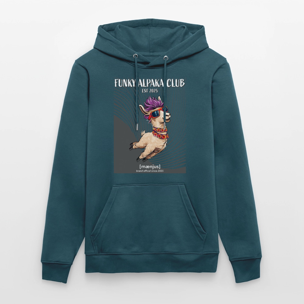 Unisex Bio-Hoodie mit FUNKY ALPAKA CLUB PRINT Vorderseite - Dunkles Petrol
