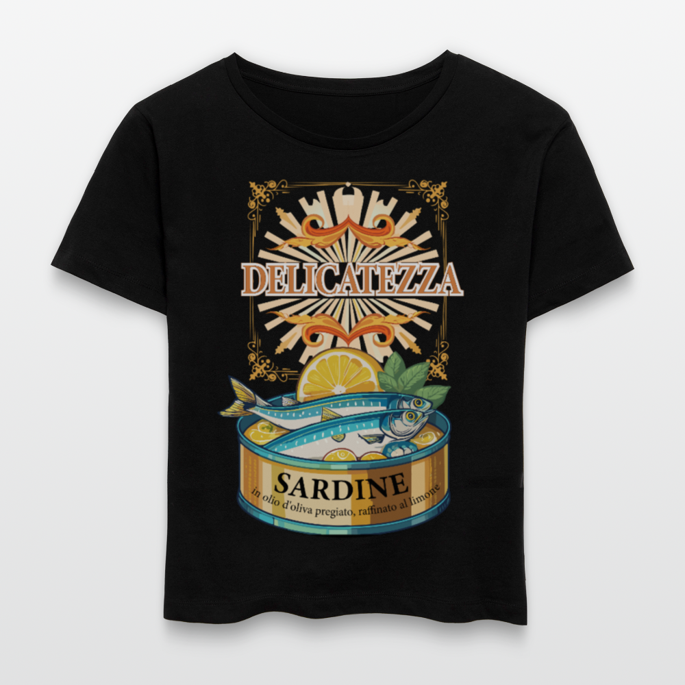 Rundhals Frauen Bio-T-Shirt mit DELICATEZZA SARDINE PRINT Vorderseite - Schwarz