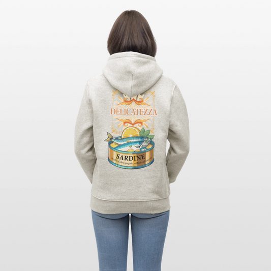 Unisex Hoodie mit DELICATEZZA SARDINE PRINT Vorder- und Rückseite - Beige meliert