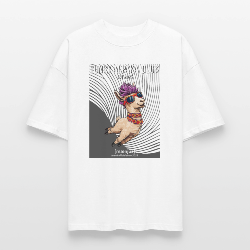 Oversized Unisex Bio T-Shirt mit FUNKY ALPAKA CLUB PRINT Vorderseite - Weiß