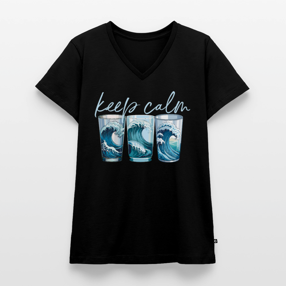 Frauen Bio-T-Shirt mit V-Ausschnitt mit KEEP CALM PRINT - Schwarz