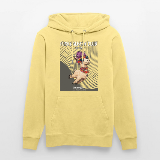 Unisex Bio-Hoodie mit FUNKY ALPAKA CLUB PRINT Vorderseite - Gelb Viva 