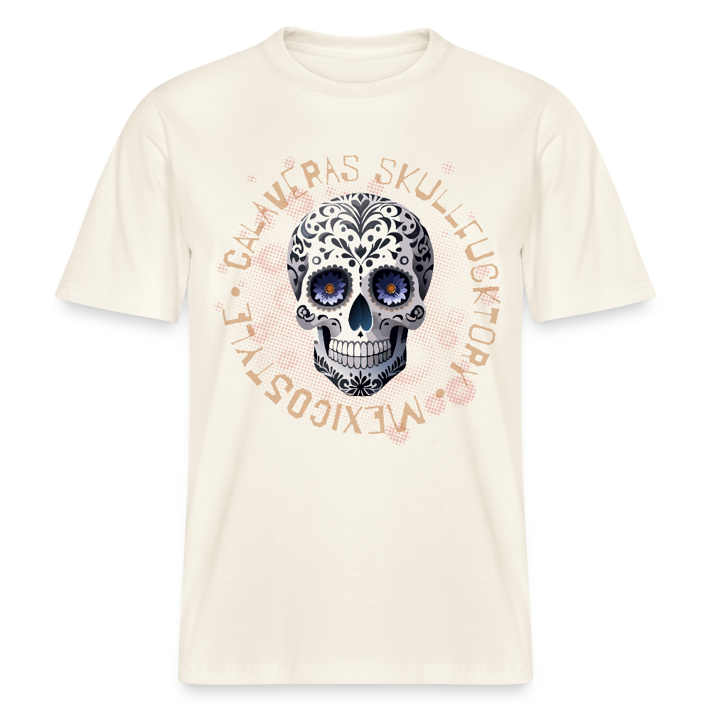 Relaxed Fit Unisex Bio-T-Shirt mit CALAVERAS SKULL PRINT Vorderseite - Naturweiß 
