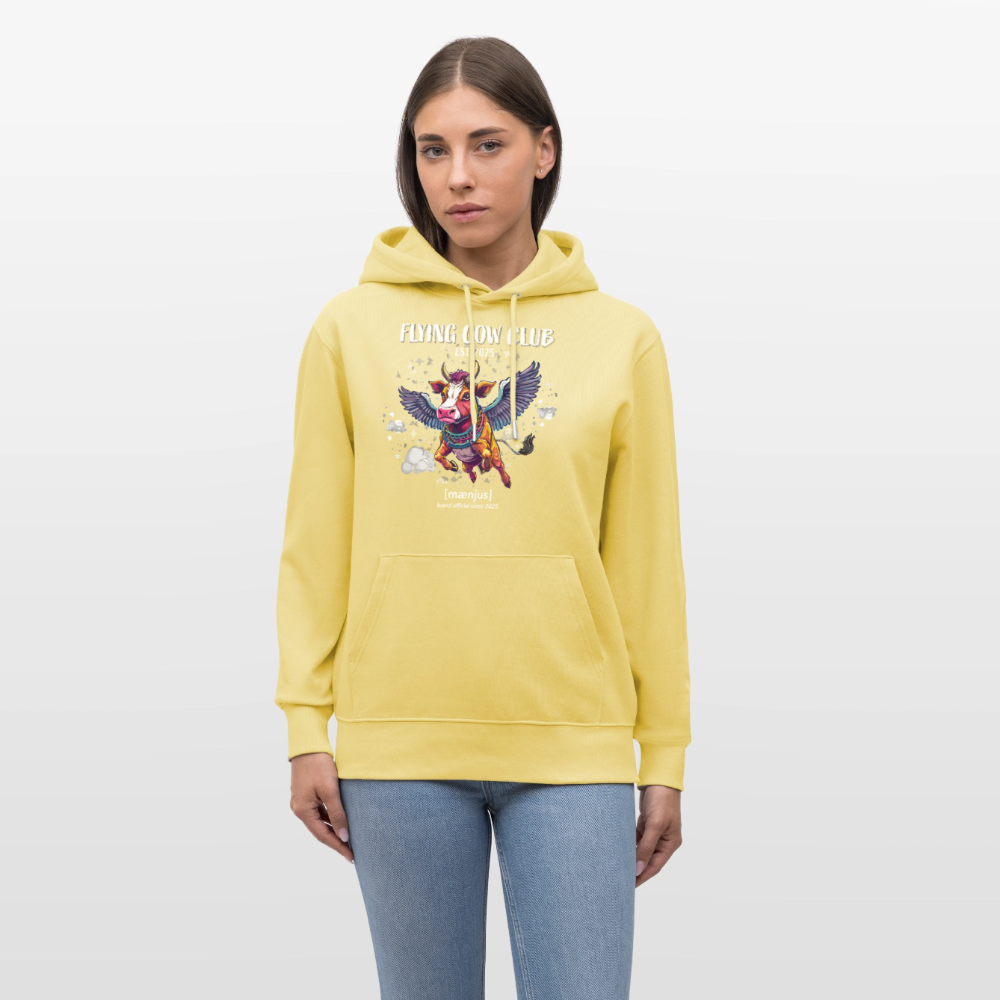 Unisex Bio-Hoodie mit FLYING COW CLUB PRINT Vorderseite - Gelb Viva 