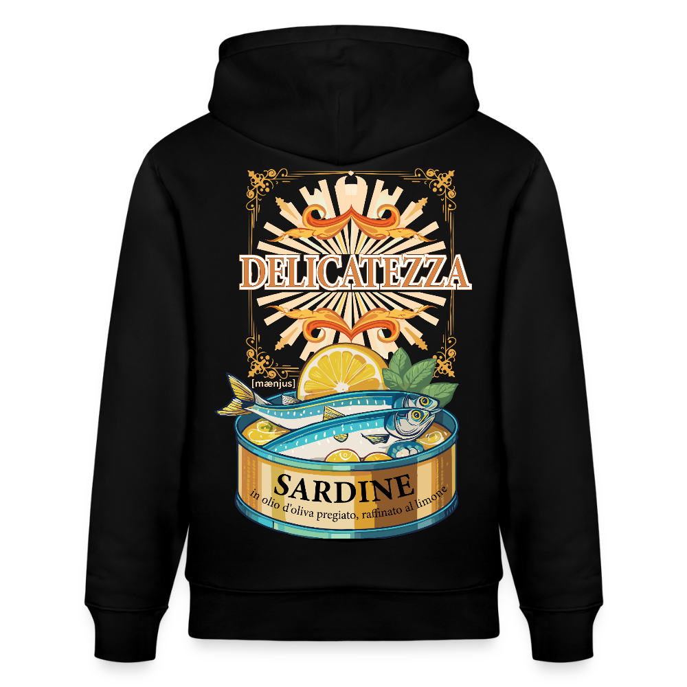 Unisex Hoodie mit DELICATEZZA SARDINE PRINT Vorder- und Rückseite - Schwarz