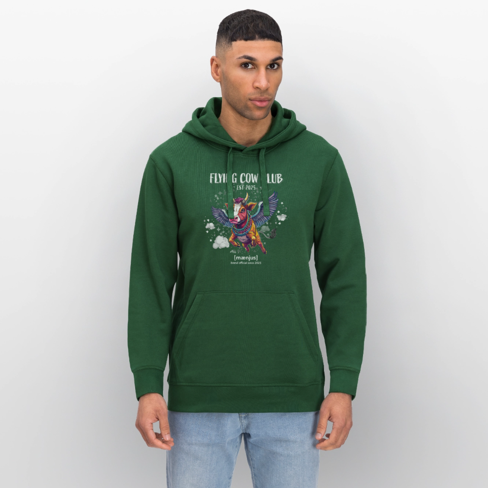 Unisex Bio-Hoodie mit FLYING COW CLUB PRINT Vorderseite - Flaschengrün