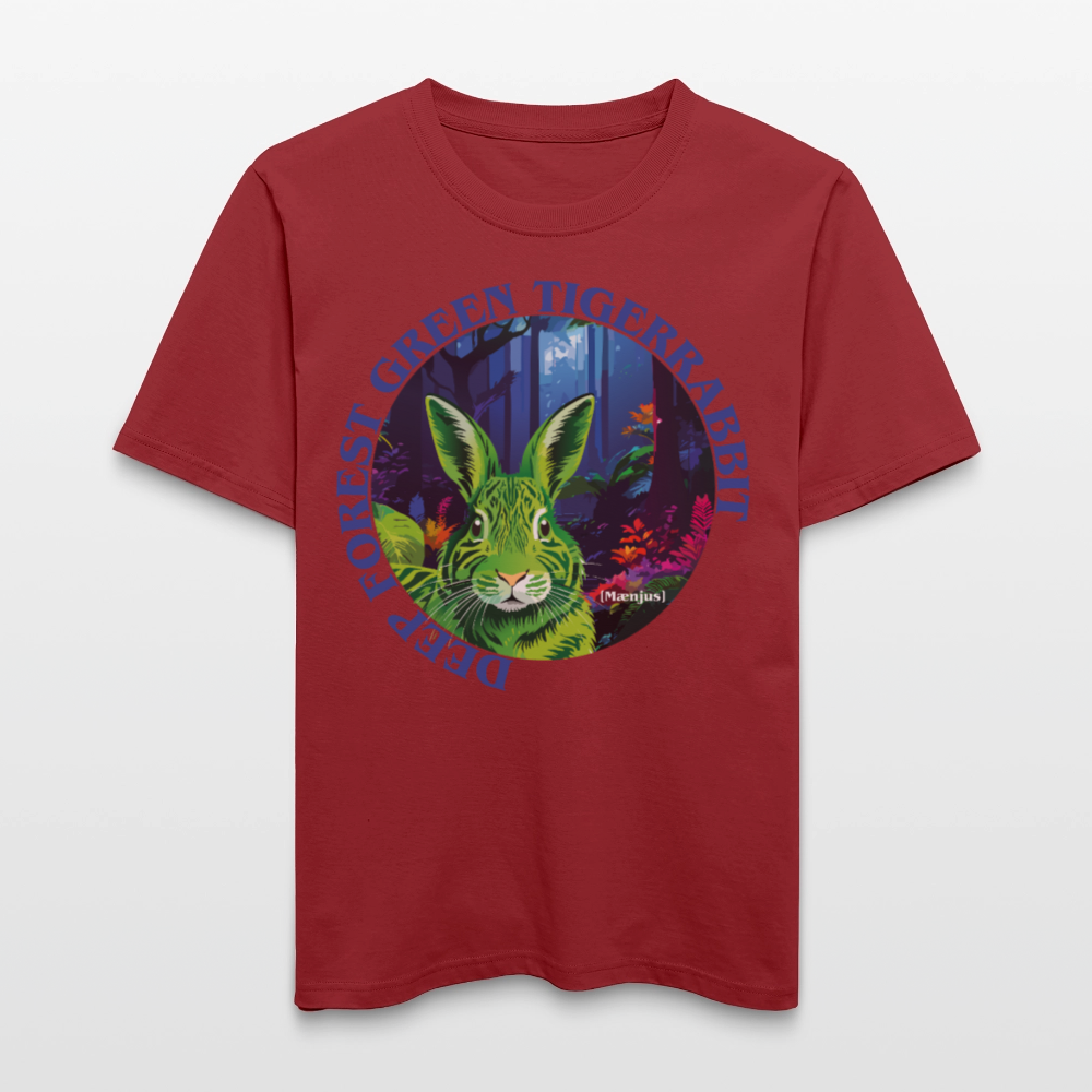 Relaxed Fit Unisex Bio-T-Shirt mit DEEP FOREST GREEN TIGERRABBIT PRINT Vorderseite - Erdrot