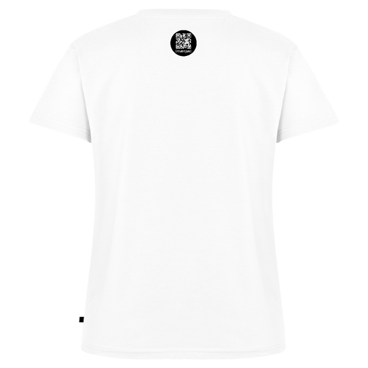 Frauen Bio-T-Shirt mit V-Ausschnitt mit FEUERHERZ LILA PRINT - Weiß