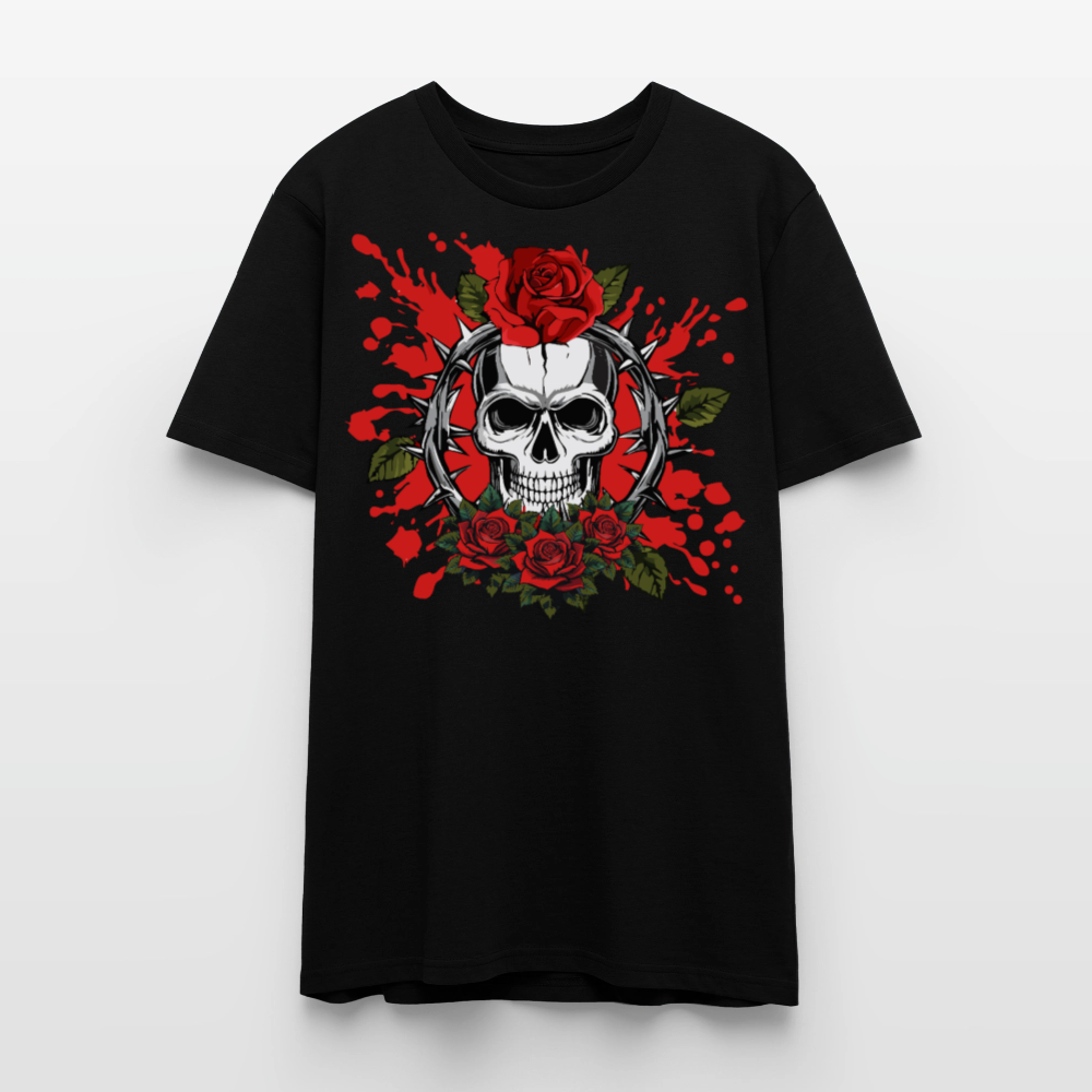 Unisex T-Shirt mit ROSEN SKULL PRINT Vorderseite - Schwarz