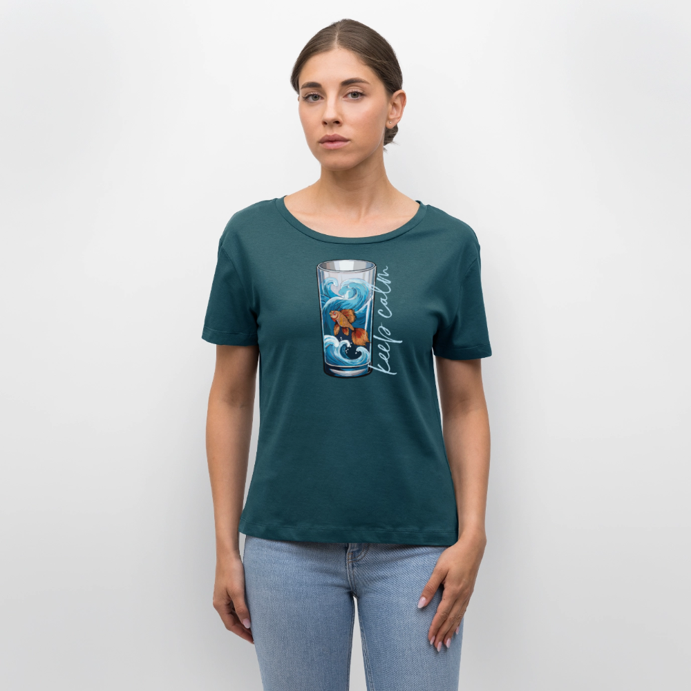Relaxed Rundhals Frauen Bio-T-Shirt mit KEEP CALM PRINT - Dunkles Petrol