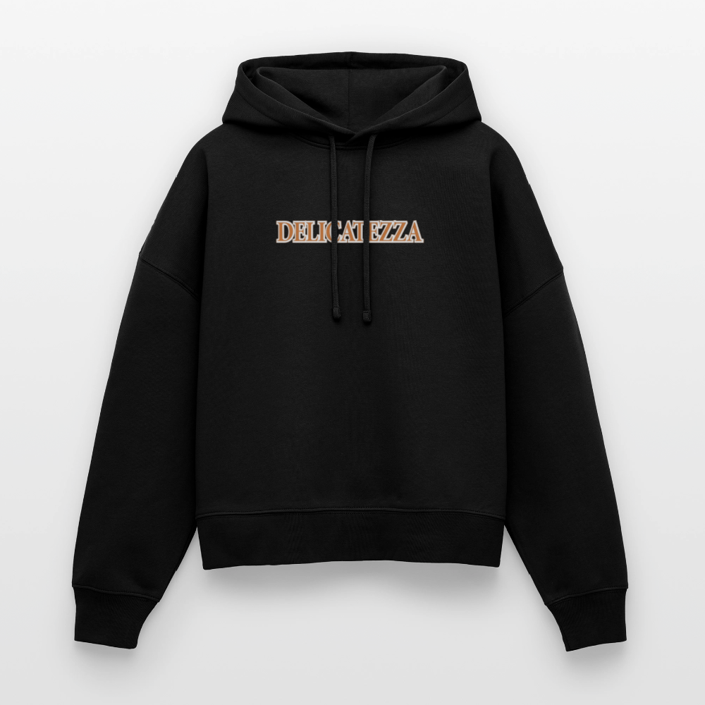Boxy Frauen Bio Hoodie mit DELIKATEZZA SARDINE PRINT Vorder- und RÜCKSEITE - Schwarz