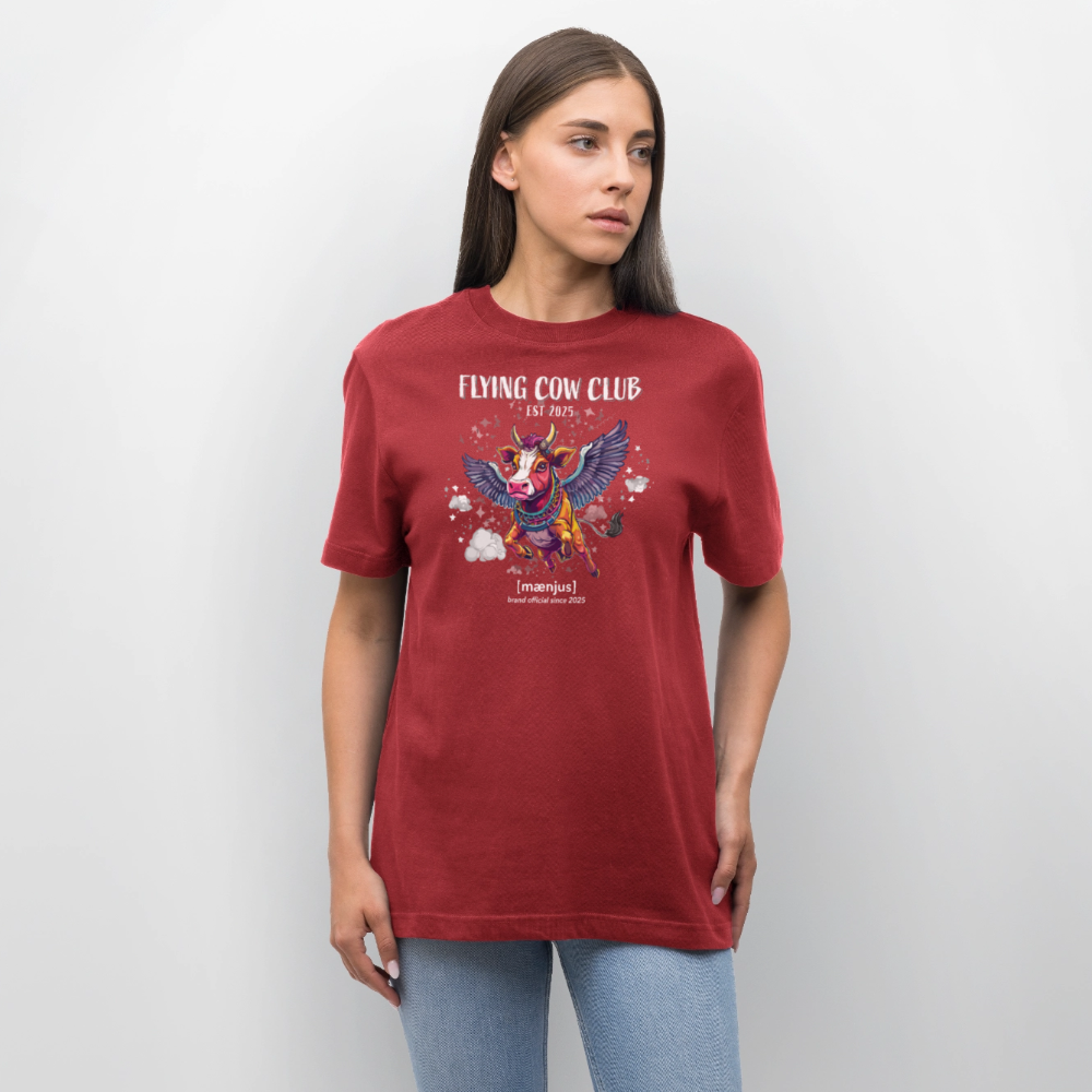 Unisex Bio-T-Shirt mit FLYING COW CLUB PRINT Vorderseite - Erdrot