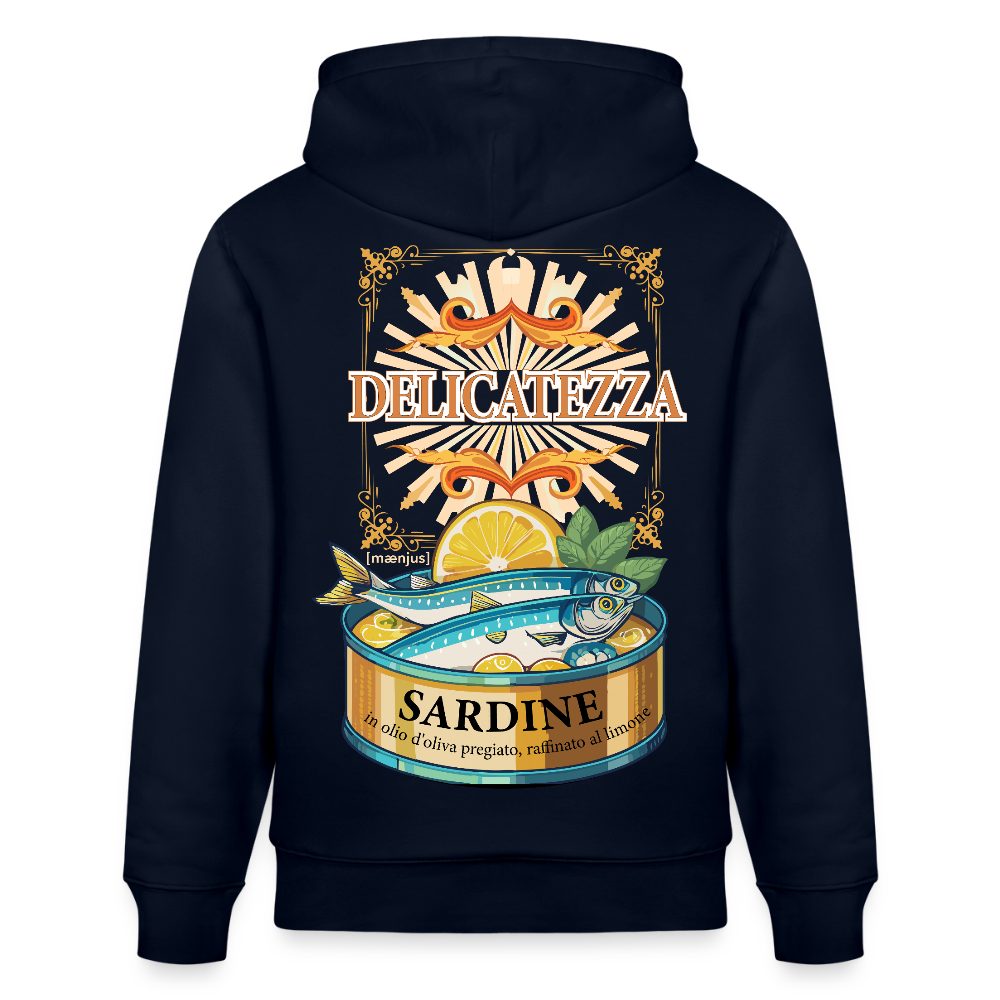 Unisex Hoodie mit DELICATEZZA SARDINE PRINT Vorder- und Rückseite - Navy
