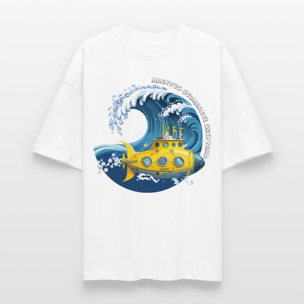 Oversized Unisex Bio T-Shirt mit MAENJUS SUBMARINE SHIPYARD PRINT Vorderseite - Weiß