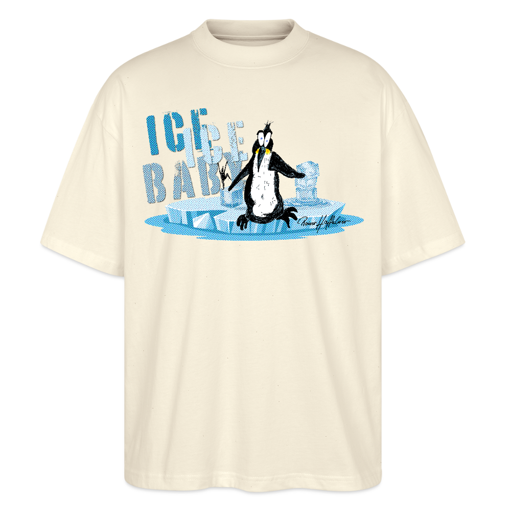 Oversized Unisex Bio T-Shirt mit ICE ICE BABY PINGUIN PRINT - Weißgrau
