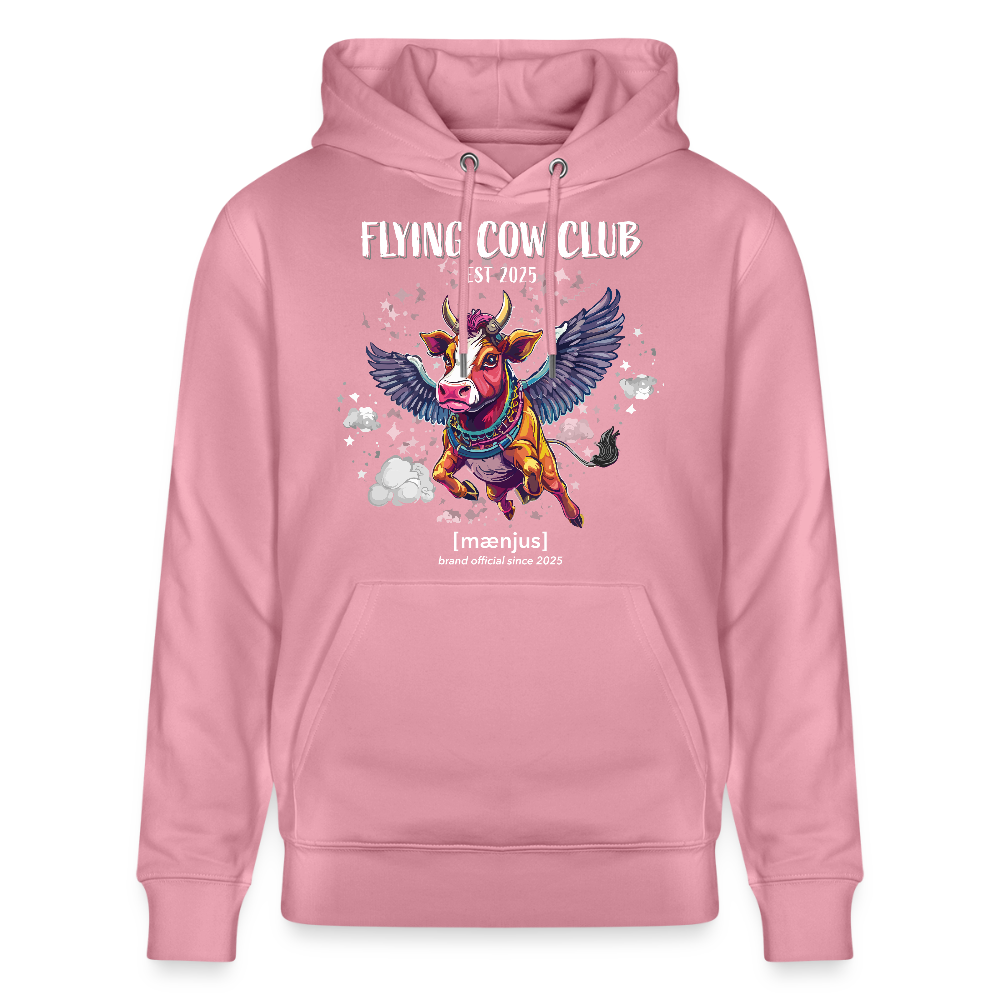 Unisex Bio-Hoodie mit FLYING COW CLUB PRINT Vorderseite - Lila Traum