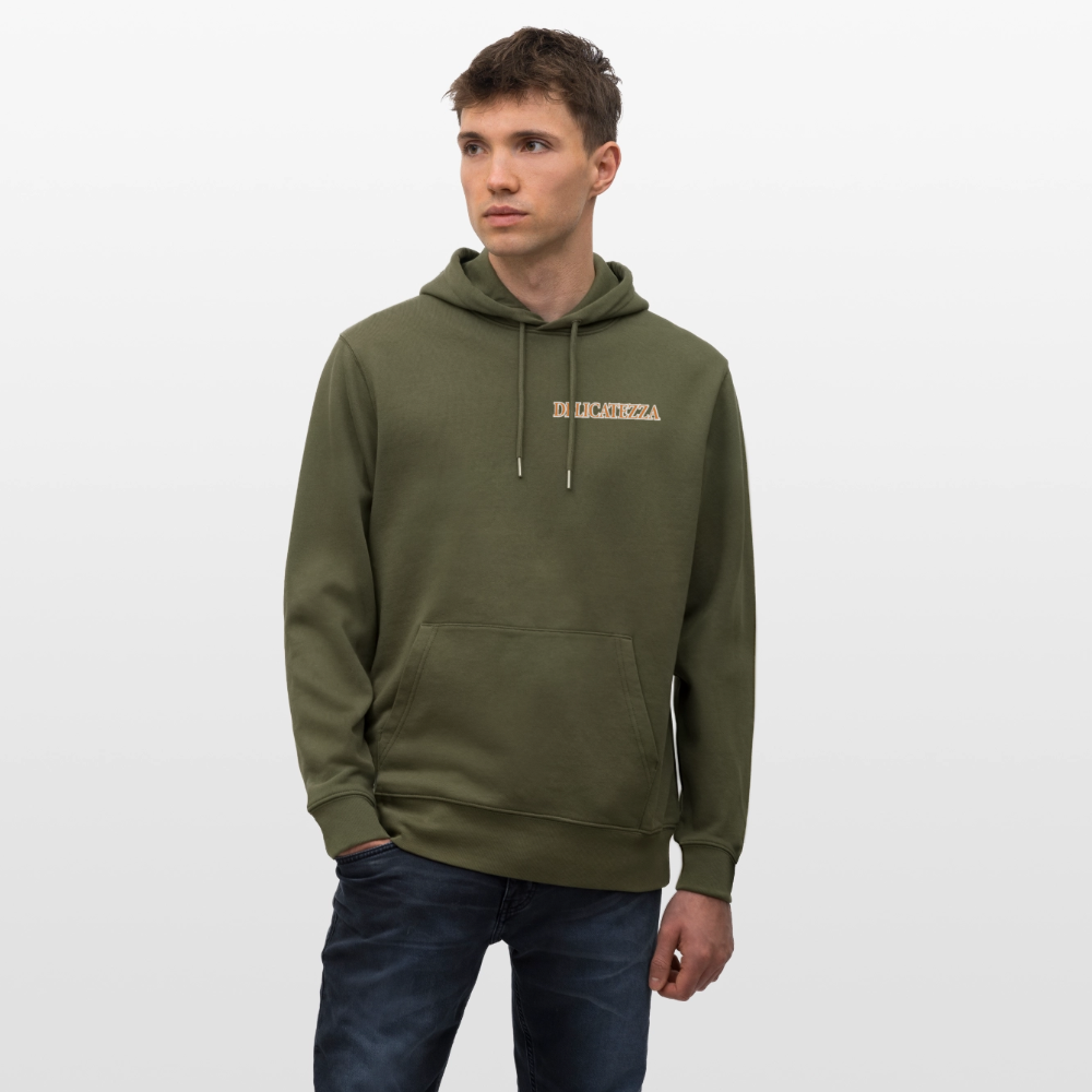 Unisex Hoodie mit DELICATEZZA SARDINE PRINT Vorder- und Rückseite - Khaki Grün