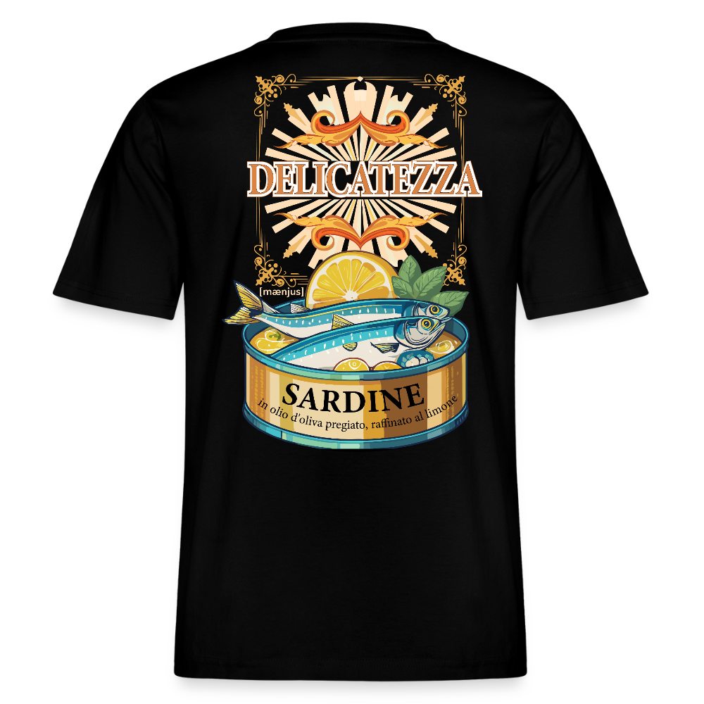 Relaxed Fit Unisex Bio-T-Shirt mit DELICATEZZA SARDINE PRINT Vorder- und Rückseite - Schwarz