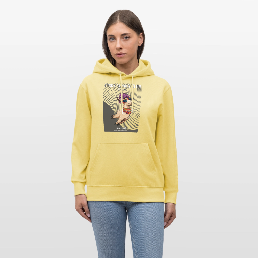 Unisex Bio-Hoodie mit FUNKY ALPAKA CLUB PRINT Vorderseite - Gelb Viva 