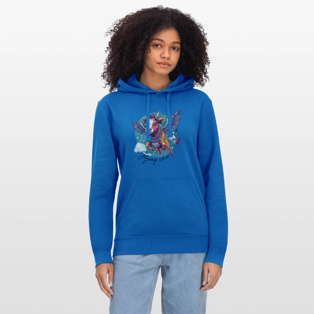 Unisex Bio-Hoodie mit FLYING COW PRINT Vorderseite - Königsblau